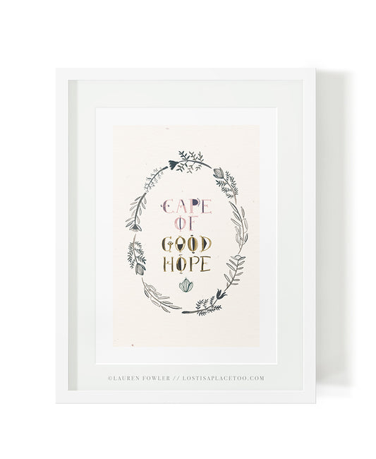 Cape of Good Hope with fynbos frame illustrated artwork by Lauren Fowler